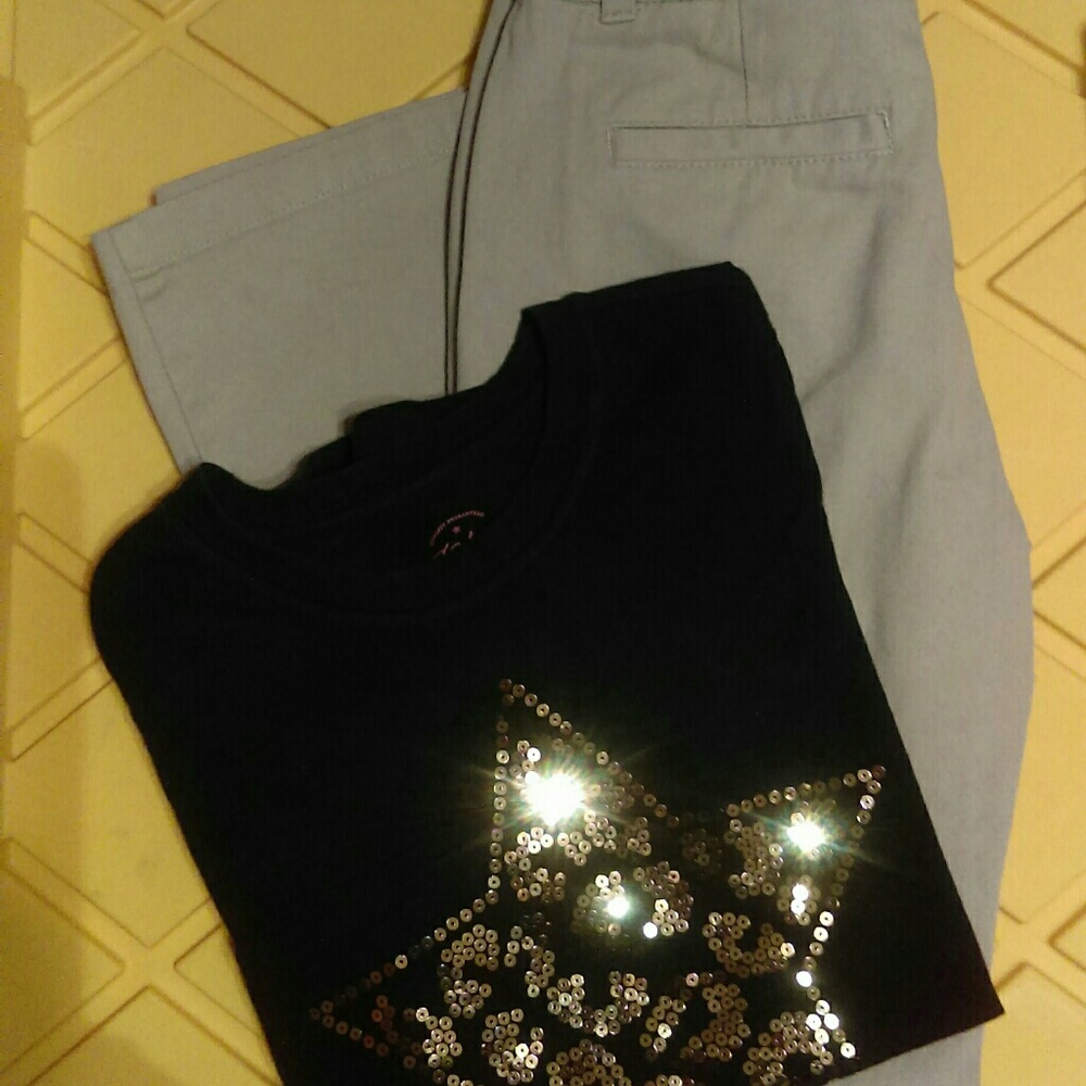 Faded Glory sequined T-shirt & tan Izod pants